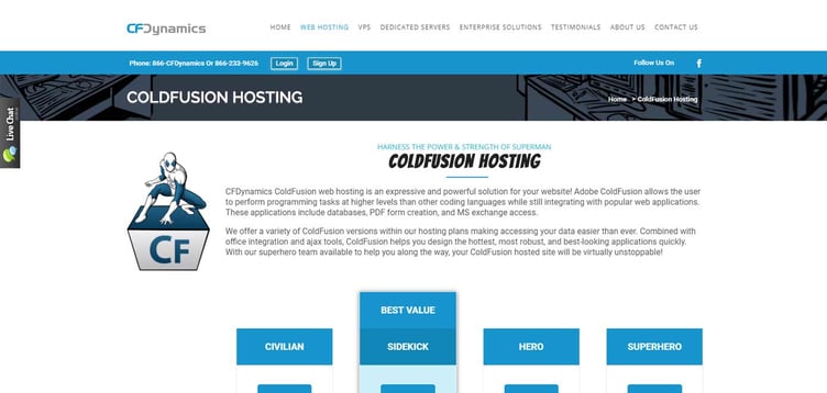 Screenshot der CFDynamics ColdFusion Hosting-Seite