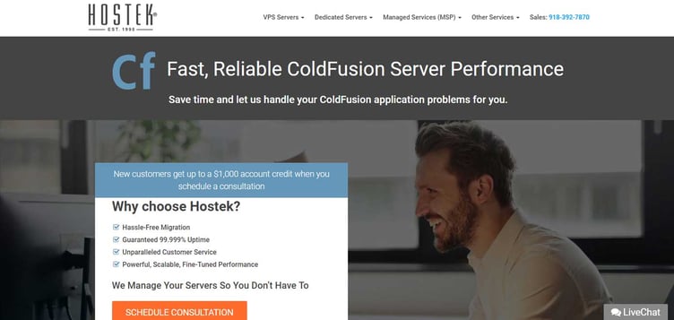 Screenshot della pagina di hosting di Hostek ColdFusion