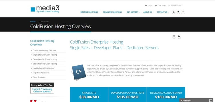 Screenshot of Media3 ColdFusion hosting page