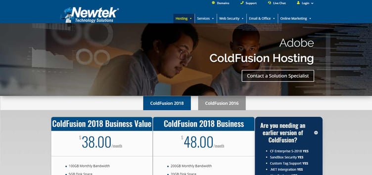 Screenshot della pagina di hosting Newtek ColdFusion