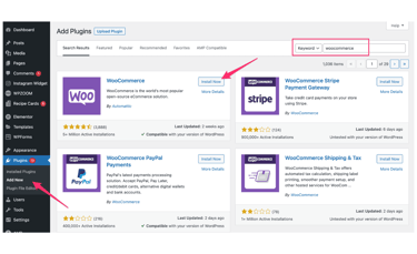 Screenshot of WordPress dashboard showcasing how to download WooCommerce plugin