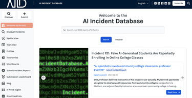 AI Incident Database homepage screenshot