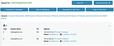 Screenshot of DNS Lookup for www.hostingadvice.com